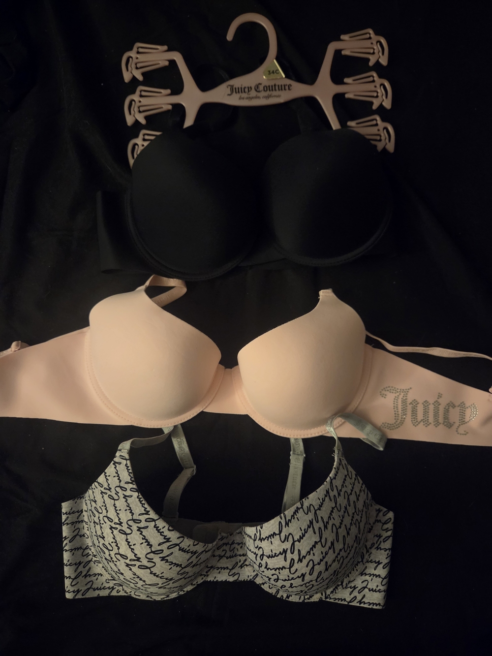 32C Juicy Couture NWOT Women's 3-Pack Bras - Black, Blush, Script